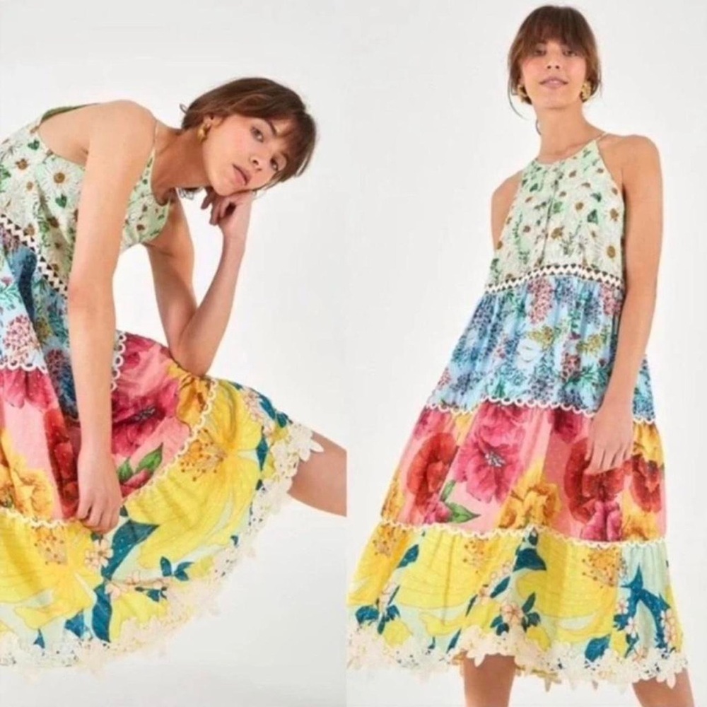FARM RIO TIERED COTTON TANK MIDI MIXED PATCHWORK FLORAL DRESS